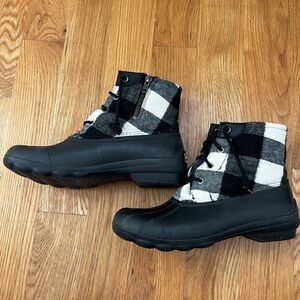 Sperry Black Rubber Duck Boots with Black & White Buffalo Plaid Upper